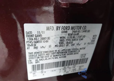 2012 Lincoln Mkx из США, поврежденный, VIN 2LMDJ6JK7CBL10196